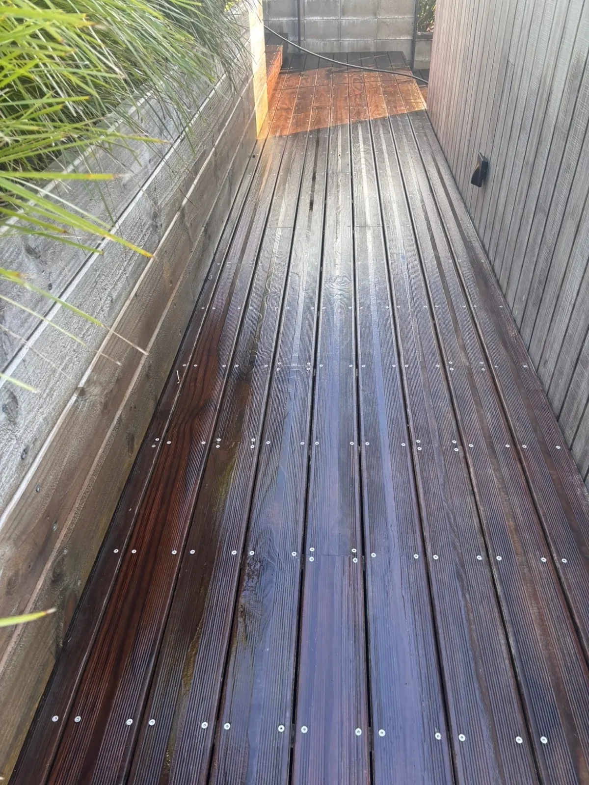 Deck boards part-way through cleaning, showing cleaned timber beside weathered grey timber